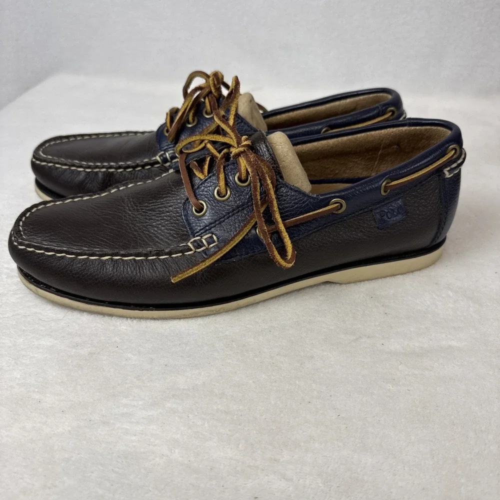 Polo Ralph Lauren Men's 9.5D Bienne II Leather Boat Shoes Blue & Dark Brown